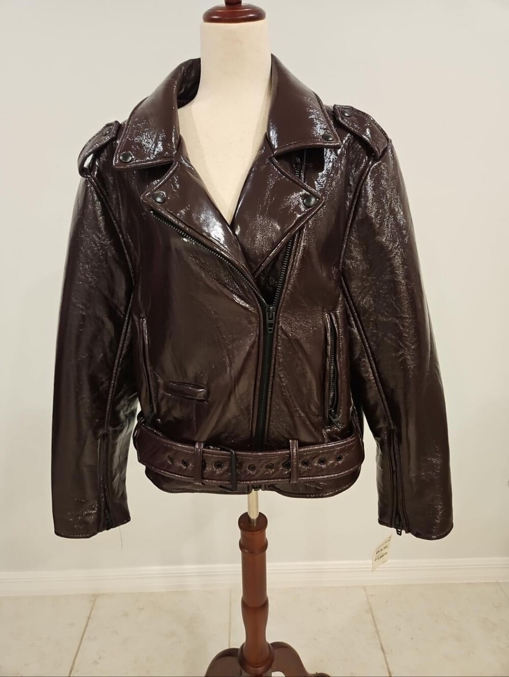 BLANKNYC NWT Chocolate Brown Glossy Vegan Leather Moto Jacket Size L